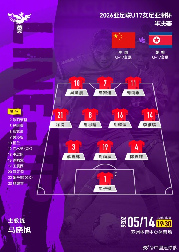 世界杯(中国) 冲击决赛！中国女足U17vs朝鲜女足U17首发：赵想晴、刘雨希出战